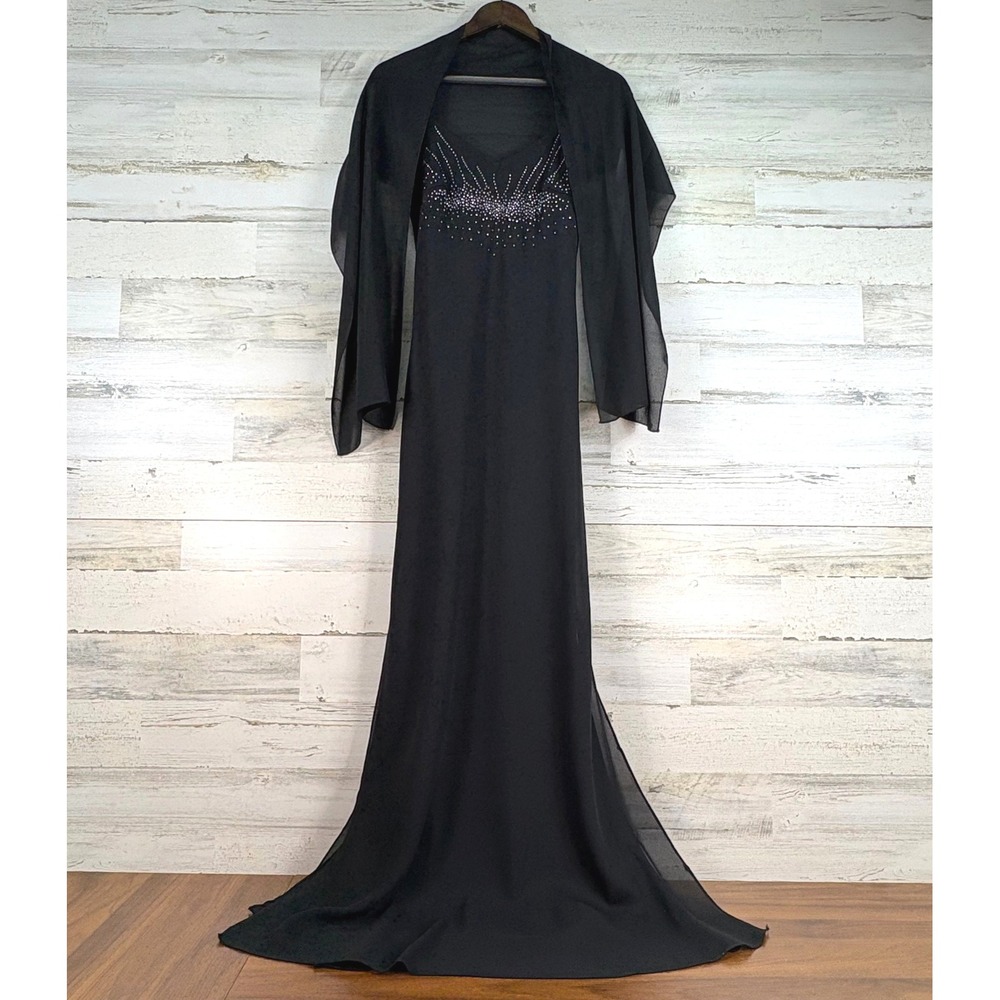 Maria Bonita Black Embellished Maxi Dress with‎ Shawl Formal Evening Gown Size M